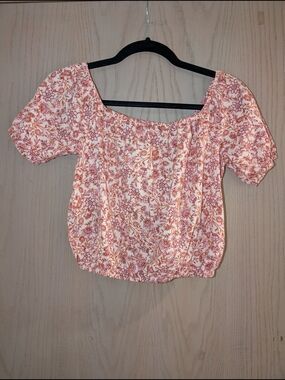 Old Navy Salmon/Burgundy/Gold Floral Off-Shoulder Crop Top